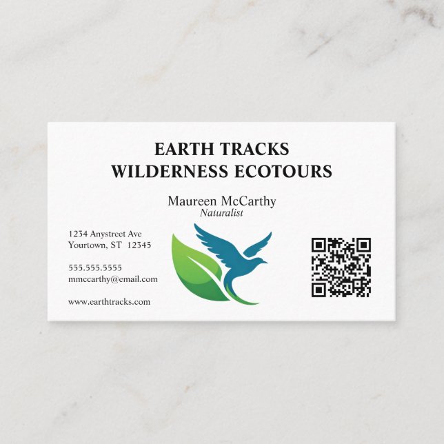 Carte De Visite Code QR Écotourisme Conservation Oiseau et Feuille (Devant)