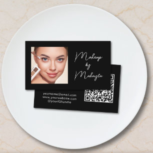 Carte De Visite Code QR écriture élégante Photo Maquillage Noir