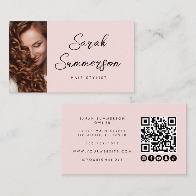 Carte De Visite Code QR écriture moderne rose noir Coiffeur (Devant / Derrière)