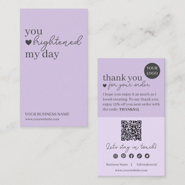 Carte De Visite Code QR écriture moderne violet, Bougie Merci (Devant / Derrière)