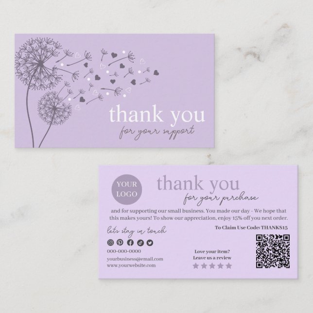 Carte De Visite Code QR écriture moderne violet, Bougie Merci (Devant / Derrière)