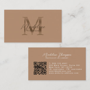 Carte De Visite Code QR écriture monogramme marron métallisé taupe