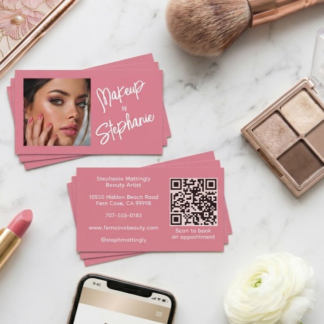 Carte De Visite Code QR écriture rose blush Photo Maquillage (Créateur téléchargé)