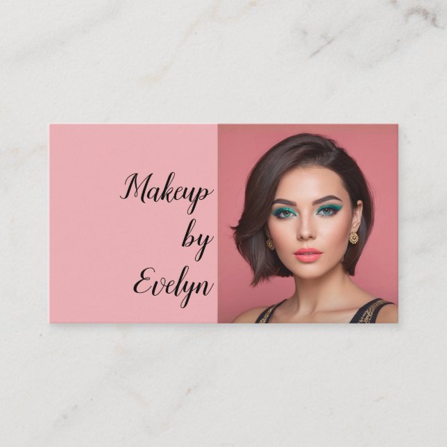 Carte De Visite Code QR Écriture Rose Pâle Photo Maquillage (Devant)