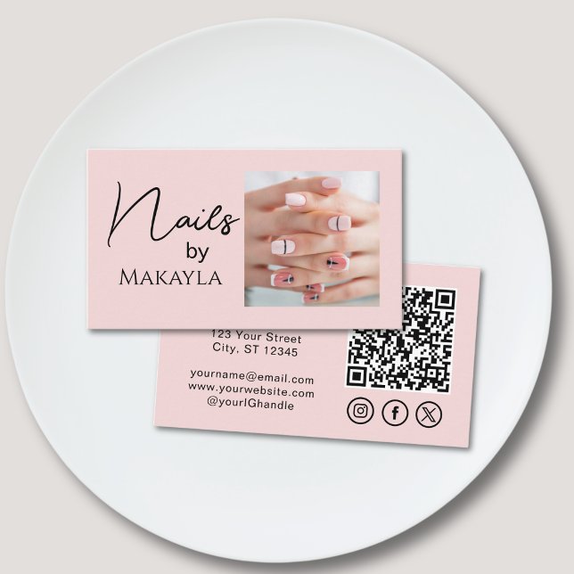 Carte De Visite Code QR écriture rose pâle Photo Salon de manucure (Créateur téléchargé)