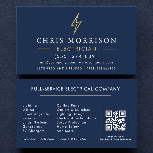 Carte De Visite Code QR Électricien Bleu Marine Moderne (Créateur téléchargé)
