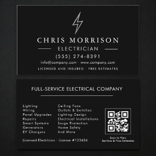 Carte De Visite Code QR Électricien Noir Argent