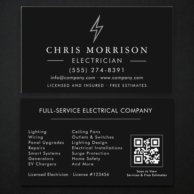Carte De Visite Code QR Électricien Noir Argent (Créateur téléchargé)