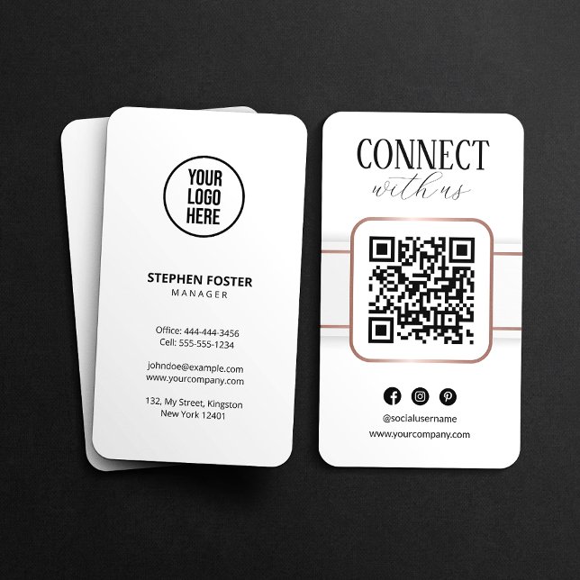 Carte De Visite Code QR Élégant Blanc Or Rose Connectez-Vous Avec  (Créateur téléchargé)