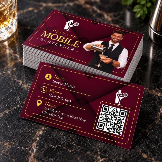 Carte De Visite Code QR élégant de barman mobile bordeaux (Créateur téléchargé)
