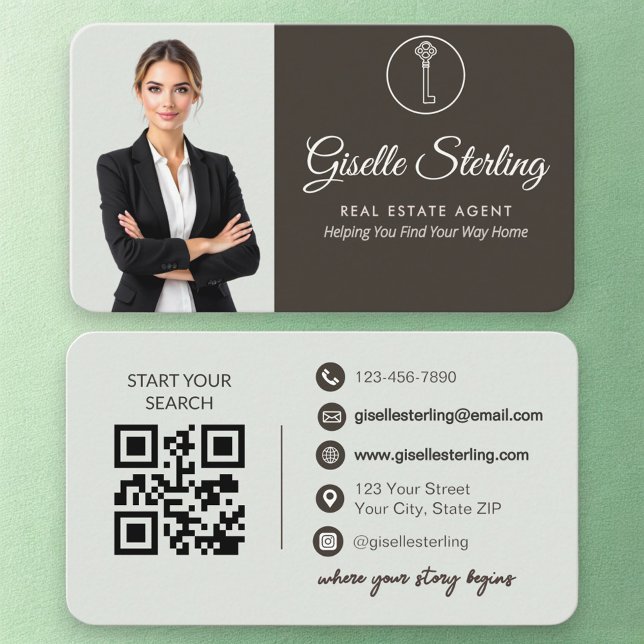 Carte De Visite Code QR élégant de l'agent immobilier en vert saug (Créateur téléchargé)