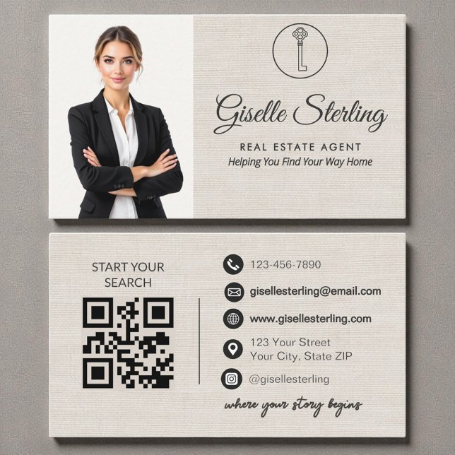 Carte De Visite Code QR élégant en lin pour agent immobilier  (Créateur téléchargé)
