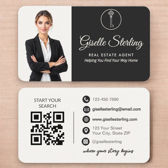 Carte De Visite Code QR élégant et neutre pour agent immobilier  (Créateur téléchargé)