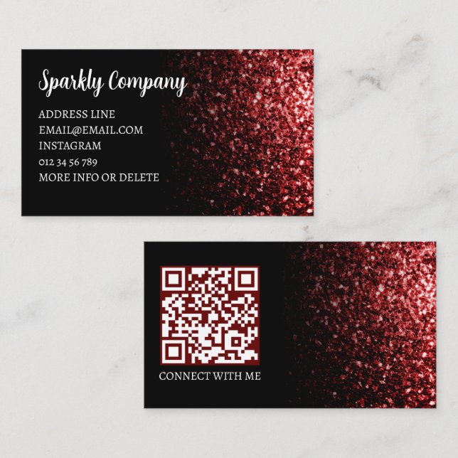 Carte De Visite Code QR élégant faux scintillement noir rouge fonc (Devant / Derrière)