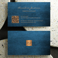 Code QR élégant luxe en cuir bleu or monogramme