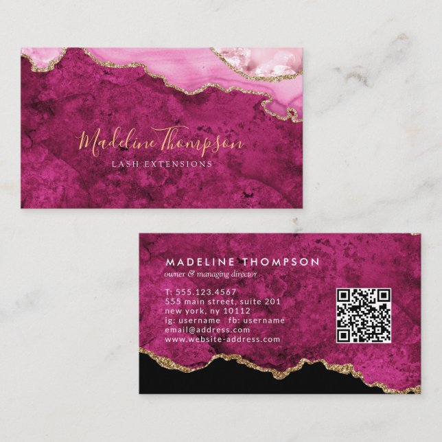 Carte De Visite Code QR élégant Magenta Rose Marbre Agate Géode (Devant / Derrière)