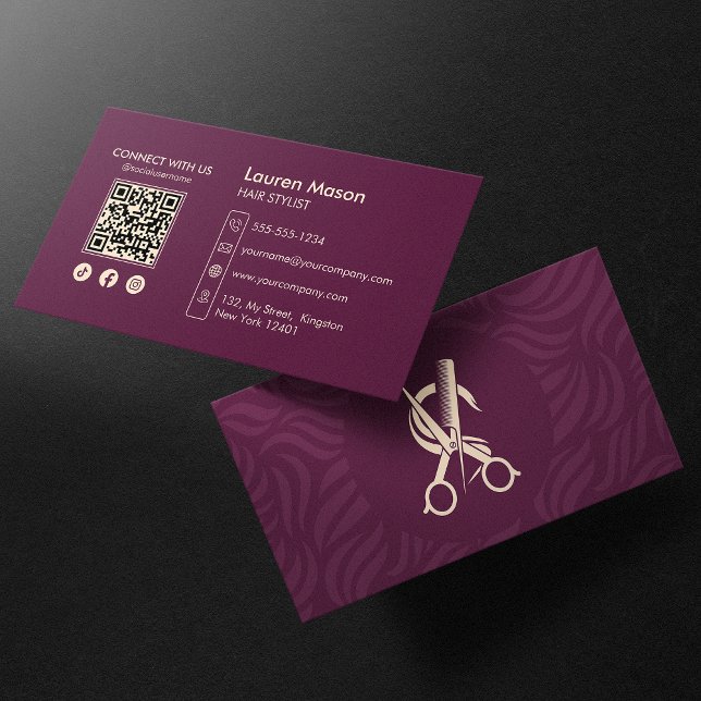 Carte De Visite Code QR élégant marron pour coiffeur (Créateur téléchargé)