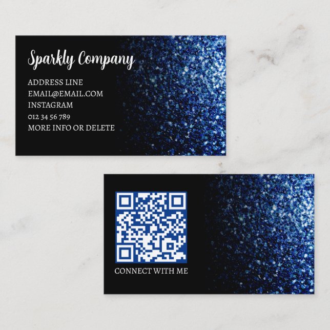 Carte De Visite Code QR élégant noir à faux éclat bleu foncé (Devant / Derrière)