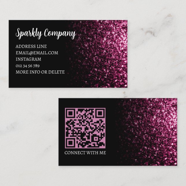 Carte De Visite Code QR élégant noir fausse brillance rose foncé (Devant / Derrière)