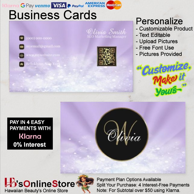 Carte De Visite Code QR Elegant Pailleté Violet Monogramme (Monogram Elegant Glitter Purple QR Code Business Card 39.
)