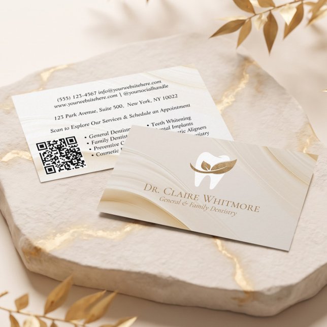 Carte De Visite Code QR élégant pour cabinet dentaire en or (Elegant Gold Dental Tooth Dentist Practice QR Code Business Card)