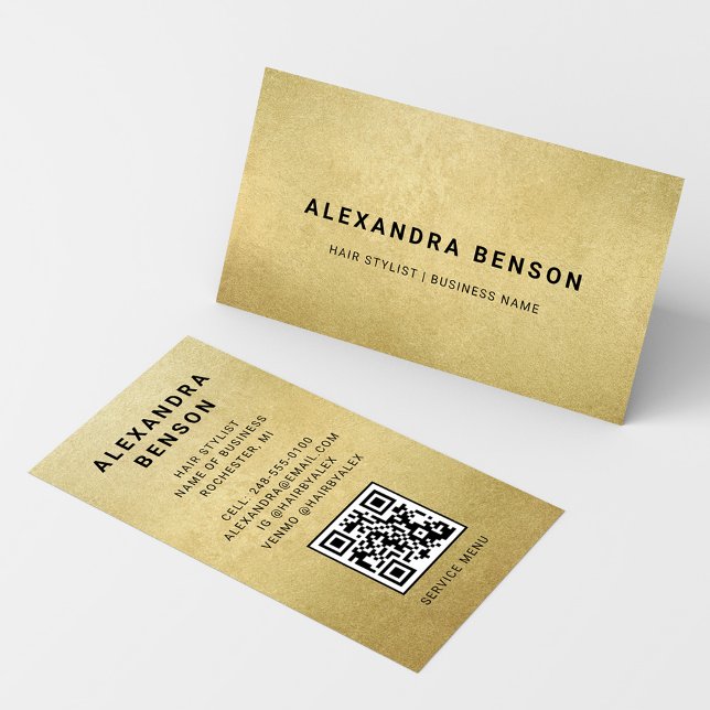 Carte De Visite Code QR élégant pour coiffeur avec feuille d'or (Créateur téléchargé)