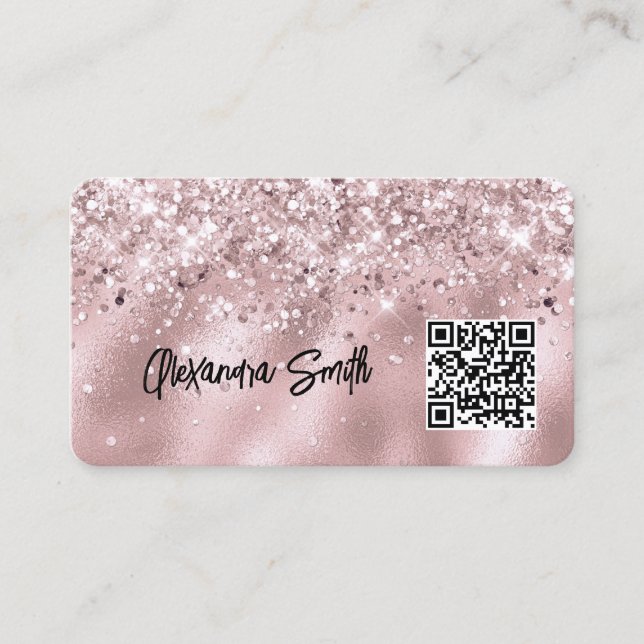Carte De Visite Code QR élégant rose gold pailleté de maquilleuse (Devant)