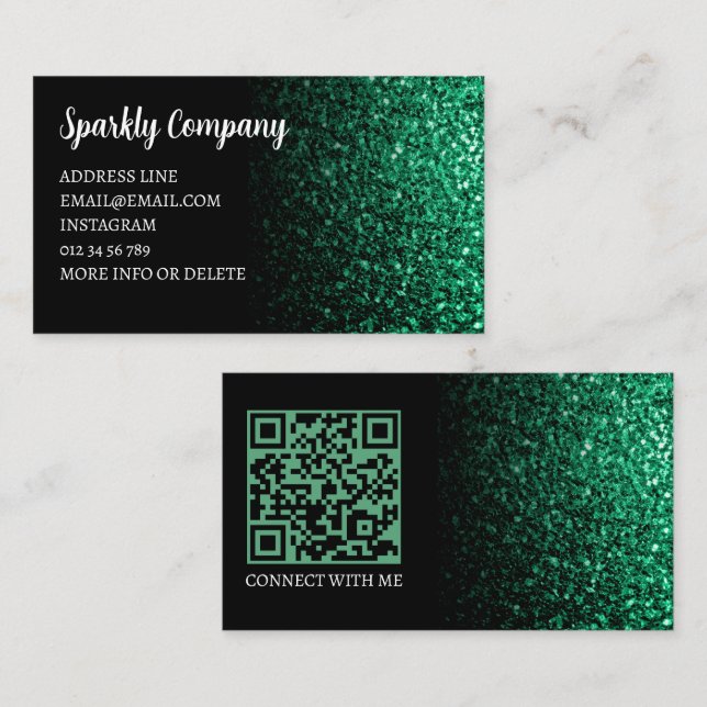 Carte De Visite Code QR élégant vert émeraude faux scintillant noi (Devant / Derrière)