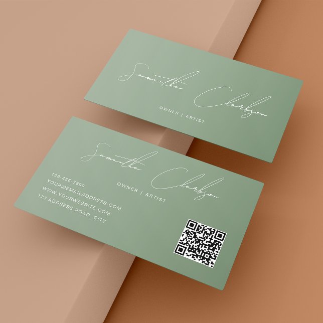 Carte De Visite Code QR Élégant Vert Sauge Complet Écriture Manusc (Créateur téléchargé)