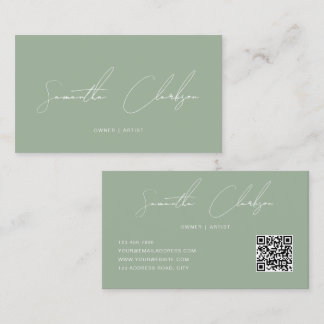 Carte De Visite Code QR Élégant Vert Sauge Complet Écriture Manusc