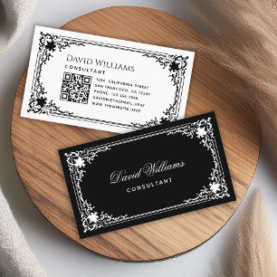 Carte De Visite Code QR élégant vintage noir et blanc et écriture 