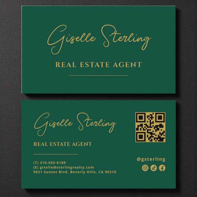 Carte De Visite Code QR Emerald Green & Gold Real Estate Agent (Créateur téléchargé)