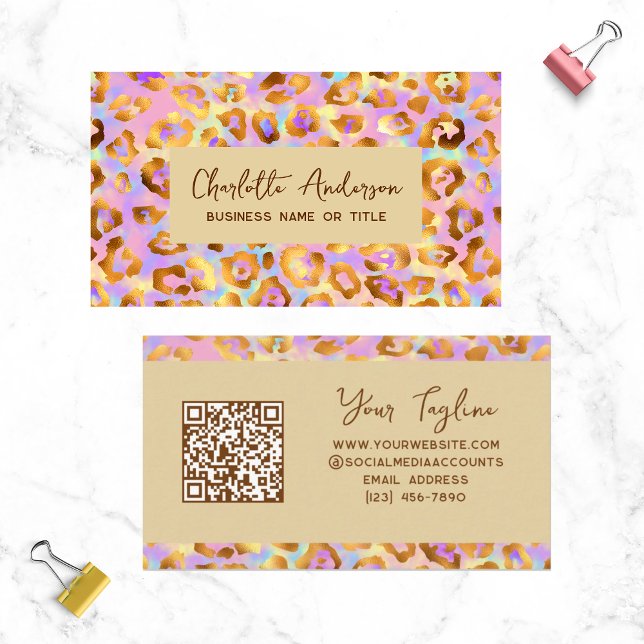Carte De Visite Code QR Empreinte de léopard moderne Pastel modern (Créateur téléchargé)