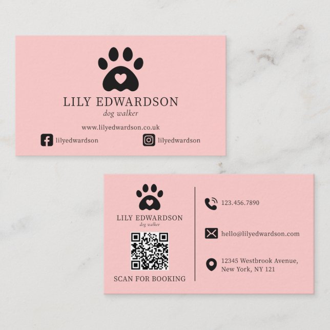 Carte De Visite Code QR Empreinte de Patte Garde de Chien Rose Gar (Devant / Derrière)