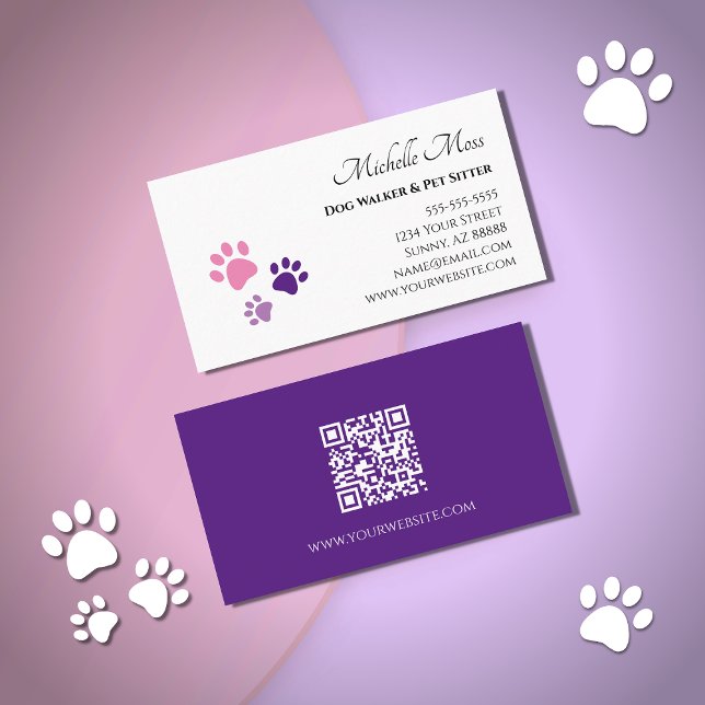 Carte De Visite Code QR Empreintes de pattes Animal Sitter Purple  (Créateur téléchargé)