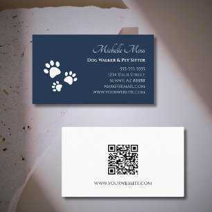 Carte De Visite Code QR Empreintes de pattes Marine Blue Pet Sitte