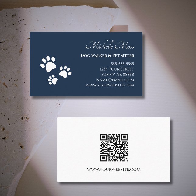 Carte De Visite Code QR Empreintes de pattes Marine Blue Pet Sitte (Créateur téléchargé)