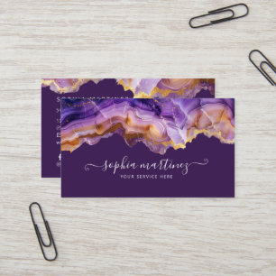 Carte De Visite Code QR en marbre doré agate violette abstraite