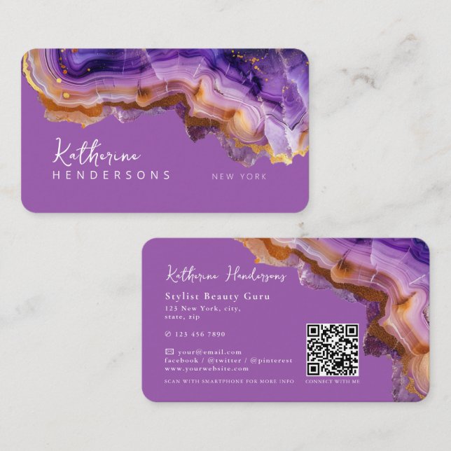 Carte De Visite Code QR en marbre violet moderne d'agate et de pai (Devant / Derrière)
