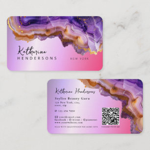 Carte De Visite Code QR en marbre violet moderne d'agate & paillet