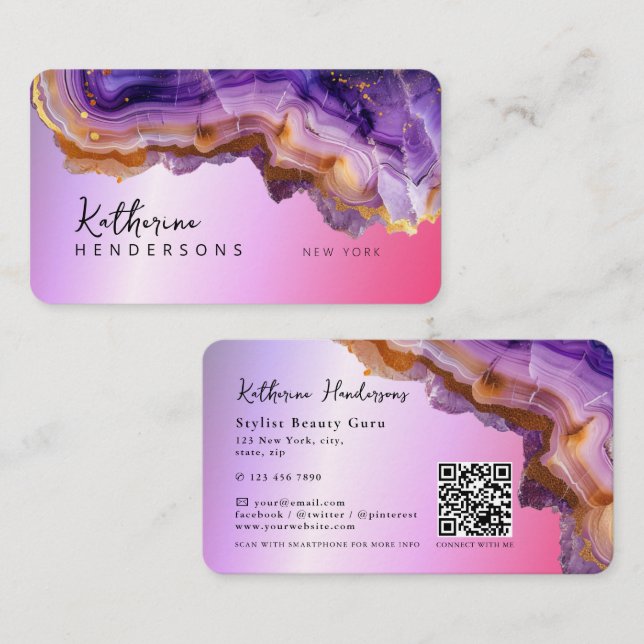 Carte De Visite Code QR en marbre violet moderne d'agate & paillet (Devant / Derrière)