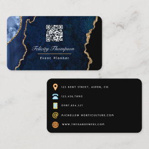 Carte De Visite Code QR en pierre d'agate Bleu marine et Or