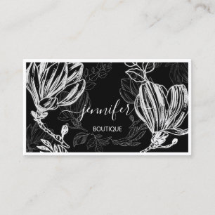 Carte De Visite Code QR encadré de fleurs Logo personnalisé Noir B
