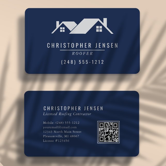 Carte De Visite Code QR Entreprise de Toiture Bleu Nuit Gris Arron (Créateur téléchargé)