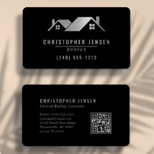 Carte De Visite Code QR Entreprise de Toiture Noir Argent Arrondi
