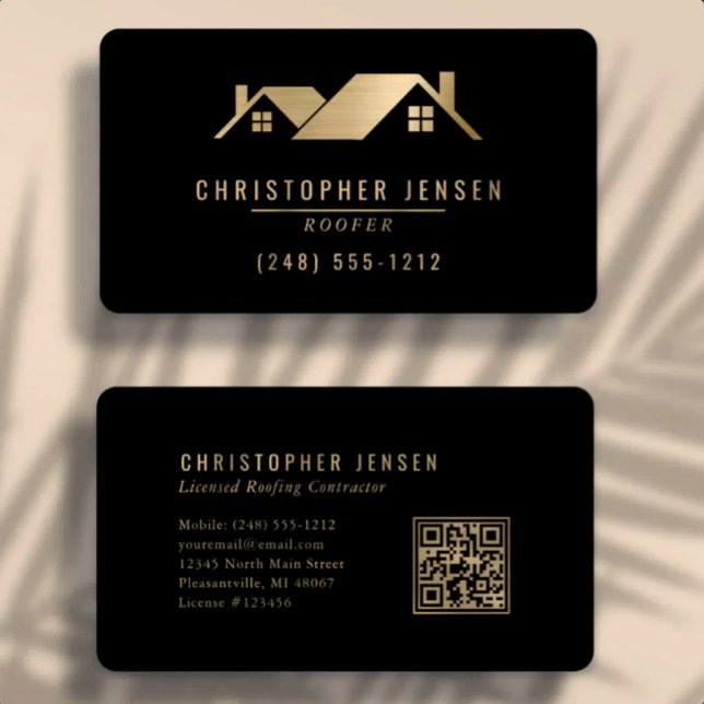 Carte De Visite Code QR Entreprise de Toiture Noir Or Arrondi (Créateur téléchargé)