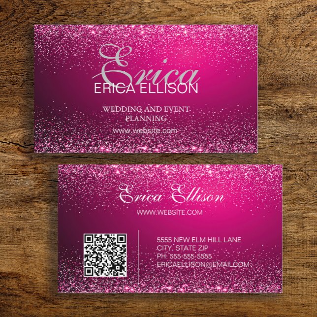 Carte De Visite Code QR Entreprise Professionnel Élégant Rose Arge (Hot pink business card with silver glitter.  Includes a QR code for your website)