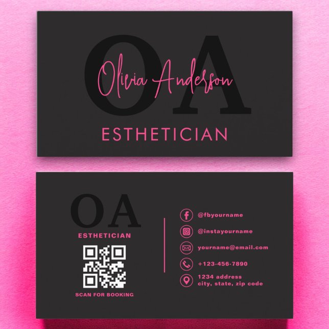 Carte De Visite Code QR esthéticien Hot Pink Black Médias sociaux (Créateur téléchargé)