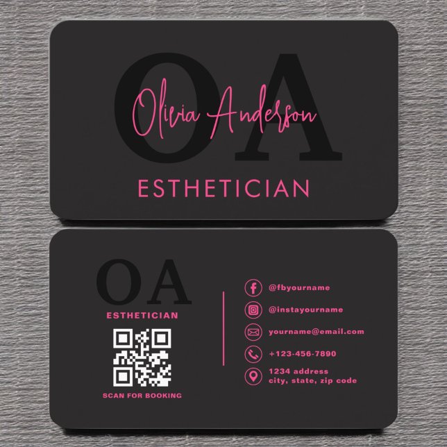 Carte De Visite Code QR esthéticien Hot Pink Black Médias sociaux (Créateur téléchargé)