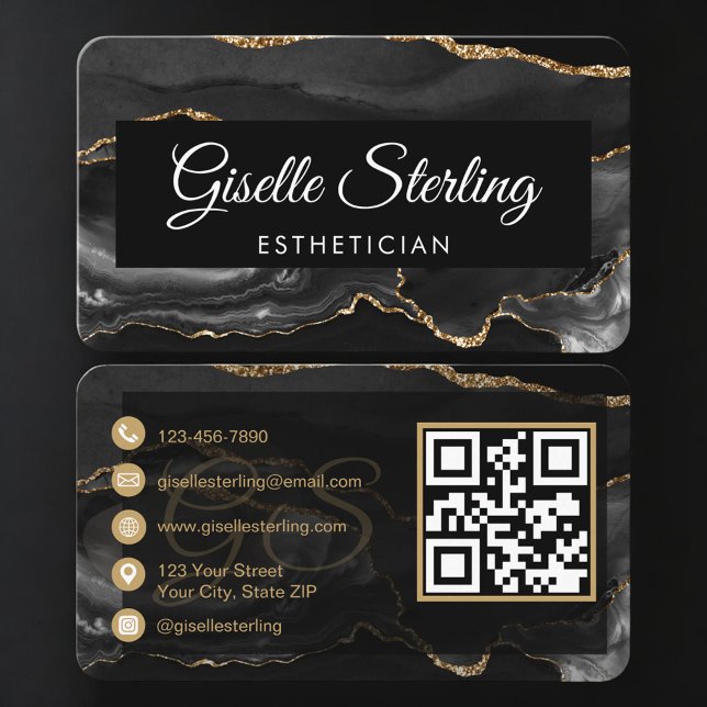 Carte De Visite Code QR Esthéticienne Agate Noire Or Luxe  (Créateur téléchargé)